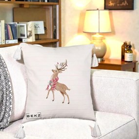 Perna Decorativa Renita cu Fular si Luminite, 40x40 cm, Bej cu Franjuri, Husa Detasabila, Perna Inclusa, BEKZ®