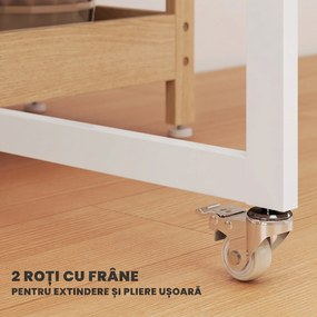 HOMCOM Masă Pliabilă cu Roți, Extensii Laterale Rabatabile și Compartimente Deschise, Natur | Aosom Romania