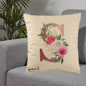 Cadou Personalizat - Perna Personalizata Monograma Rose Gold Litera S, 40x40 cm, Bej, Husa Detasabila, Perna Inclusa, BEKZ®
