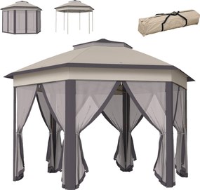 Outsunny pavilion de grădină pliabil 4 x 4 m Pop-Up, cort de petrecere, incl. geantă de transport, 6 părți laterale, acoperiș dublu, hexagonal, bej | Aosom Romania