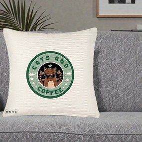 Perna Personalizata Cats and Coffee Starbucks, 40x40 cm, Crem Reliefat, Husa Detasabila, Perna Inclusa, BEKZ®