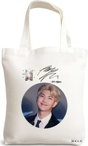 Sacosa de Panza pentru Cumparaturi, Geanta Tote, model BTS RM cu semnatura, 38x34.5 cm, Alba, BEKZ®