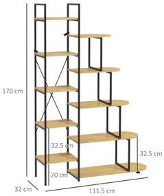 HOMCOM Raft Bibliotecă cu 10 Niveluri, Stil Industrial din PAL și Oțel, 111.5x32x170 cm, Negru și Lemn Natural | Aosom Romania