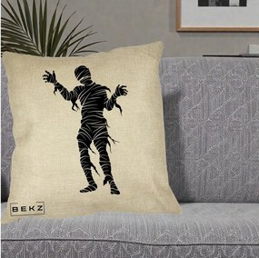 Perna Decorativa Mormii Infricosat Silueta Neagra Halloween, 40x40 cm, Crem, Husa Detasabila, Perna Inclusa, BEKZ®