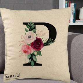Cadou Personalizat - Perna Personalizata Monograma Florala Litera P, 40x40 cm, Bej, Husa Detasabila, Perna Inclusa, BEKZ®
