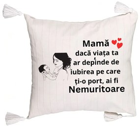 Perna Decorativa cu Franjuri, Model pentru Mama 9, 45x45 cm, Ecru, Cu fermoar