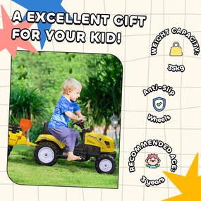 HOMCOM Tractor de Pedalat pentru Copii de 3+ Ani cu Remorcă, Greblă, Lopată și Claxon, 133x42x51 cm, Galben | Aosom Romania