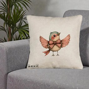 Perna Decorativa Pasare Roz cu Aripi si Fundita, 40x40 cm, Bej Canapea, Husa Detasabila, Perna Inclusa, BEKZ®