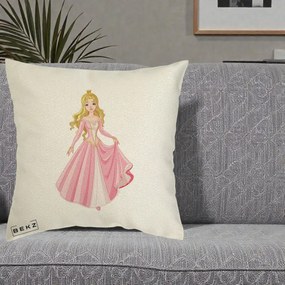 Perna Decorativa Printesa Aurora Rochie Roz, 40x40 cm, Ecru, Husa Detasabila, Perna Inclusa, BEKZ®