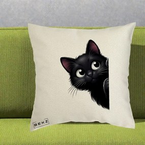 Perna Decorativa Pisica Neagra Dragalasa Curioasa, 40x40 cm, Ecru, Husa Detasabila, Perna Inclusa, BEKZ®