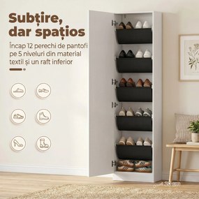 HOMCOM Dulap pentru Pantofi cu Oglindă, Uși Reversibile cu 5 Rafturi din Material Textil, 50 x 20 x 180 cm, Alb | Aosom Romania