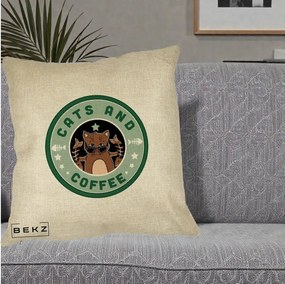 Perna Personalizata Cats and Coffee Starbucks, 40x40 cm, Crem, Husa Detasabila, Perna Inclusa, BEKZ®
