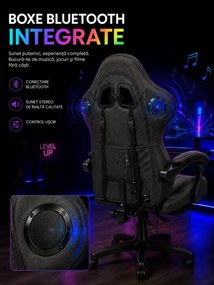 SONICSTRIKE RGB FABRIC– Scaun Gaming cu Masaj în 7 Puncte, Boxe Bluetooth Integrate, Sistem iluminare banda LED RGB, Tapițerie Premium Dublu Strat Anti-Zgâriere, Suport Extensibil pentru Picioare, Negru