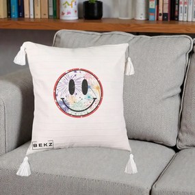 Perna Decorativa Smiley Face cu Artificii Multicolore, 40x40 cm, Bej cu Franjuri, Husa Detasabila, Perna Inclusa, BEKZ®