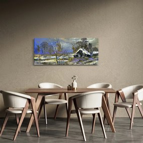 Tablou -Cabane într-un peisaj de iarnă, pictură în ulei (120x50 cm)