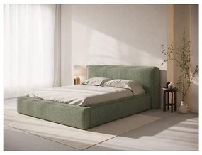 Pat matrimonial verde tapițat cu spațiu de depozitare cu somieră 200x200 cm Simon Olivia – Micadoni