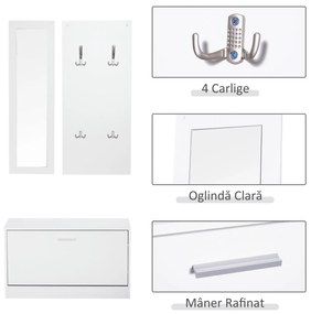 HOMCOM Set 3 Piese Suport pantofi Suport haine Oglinda pentru Hol sau Dormitor, din Lemn, 80x27x46,5cm, Alb | Aosom Romania