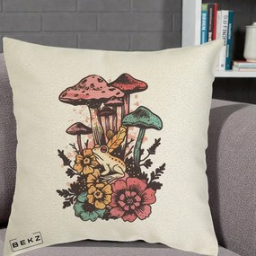 Perna Decorativa Ciuperci si Broaste Boho, 40x40 cm, Ecru, Husa Detasabila, Perna Inclusa, BEKZ®
