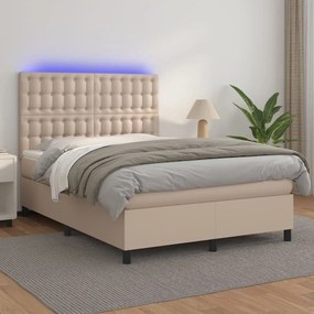 vidaXL Pat cu arcuri, cu saltea și LED cappuccino 140x190 cm piele eco