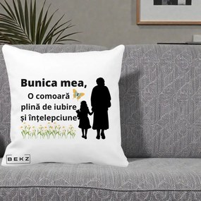 Cadou pentru Bunica - Perna Personalizata Bunica Mea Comoara Iubire Intelepciune Varianta Extinsa, 40x40 cm, Alba Mata, Husa Detasabila, Perna Inclusa, BEKZ®