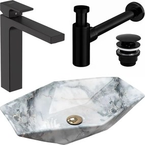 Pachet lavoar pe blat Rea Vegas granit 57 cm, baterie lavoar Hansgrohe Vernis Shape 190 negru si ventil lavoar Click-Clack negru