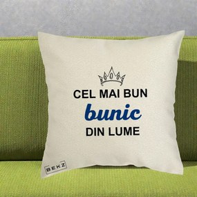 Cadou pentru Bunic - Perna Personalizata Cel Mai Bun Bunic Din Lume Coroana Albastra, 40x40 cm, Ecru, Husa Detasabila, Perna Inclusa, BEKZ®