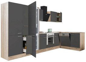 Mobilă de bucătărie de colț Yorki 370, corp din stejar sonoma, față antracit satinat, element cuptor inferior, dulap cu rafturi, frigider congelator inferior