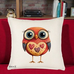 Perna Decorativa Bufnita Rosie cu Inimi Aurii, 40x40 cm, Crem Reliefat, Husa Detasabila, Perna Inclusa, BEKZ®