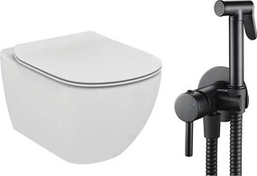 Pachet vas wc suspendat Ideal Standard Tesi, capac softclose si set dus igiena intima negru cu baterie incastrata Rea Loop
