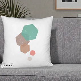 Perna Decorativa Geometric Hexagoane Pastel, 40x40 cm, Alb Pufos, Husa Detasabila, Perna Inclusa, BEKZ®