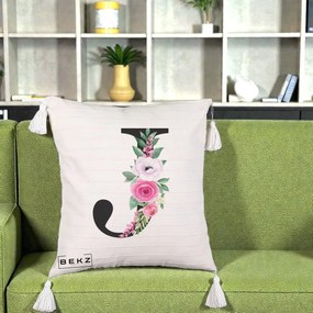 Cadou Personalizat - Perna Personalizata Monograma Florala Litera J, 40x40 cm, Bej cu Franjuri, Husa Detasabila, Perna Inclusa, BEKZ®