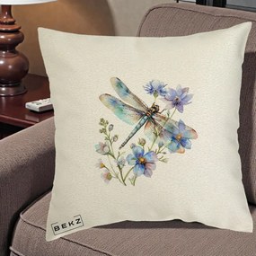Perna Decorativa Libelula Acuarela Flori Albastre, 40x40 cm, Ecru, Husa Detasabila, Perna Inclusa, BEKZ®