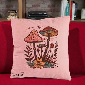 Perna Decorativa Ciuperci Boho Multicolore, 40x40 cm, Roz, Husa Detasabila, Perna Inclusa, BEKZ®