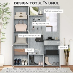 HOMCOM Mobilier 4 în 1 cu Oglindă, Cuiere și Rafturi Interioare Reglabile, Mobilier Multifuncțional, 145x29x184 cm, Gri | Aosom Romania