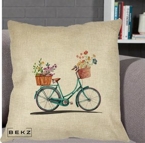 Perna Decorativa Bicicleta Florala Turcoaz Acuarela, 40x40 cm, Crem, Husa Detasabila, Perna Inclusa, BEKZ®