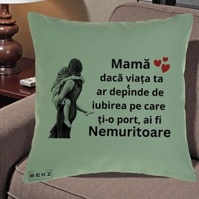 Cadou pentru Mama - Perna Personalizata Mama Nemuritoare Gravura Vintage, 40x40 cm, Verde, Husa Detasabila, Perna Inclusa, BEKZ®