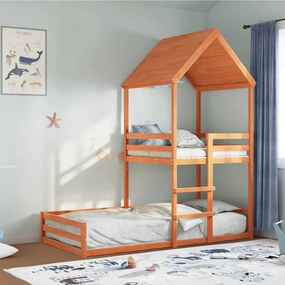 vidaXL Pat supraetajat cu acoperiș maro ceruit 90x200cm lemn masiv pin