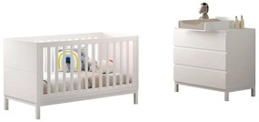Set dormitor copii EVA alb, Pat copii pentru copii mici (70 x 140 cm) cu o comodă și un accesoriu asortat.
