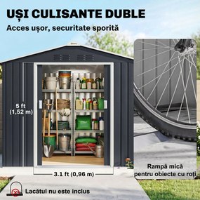 Outsunny Magazie de grădină metalică 2,77 m², 213 x 130 x 185 cm cu fundație, uși culisante, gri închis | Aosom Romania