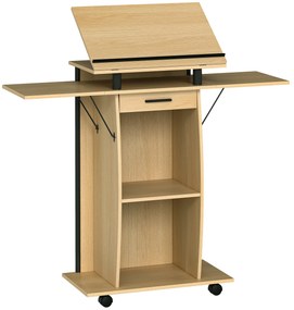 HOMCOM Suport de Podium cu Role, Pupitru cu Aripi Laterale Pliabile, Măsuță pentru Laptop cu Sertar și Rafturi, Stejar | Aosom Romania