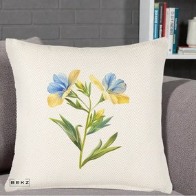 Perna Decorativa Botanica Frezie Galbena si Albastra, 40x40 cm, Crem Reliefat, Husa Detasabila, Perna Inclusa, BEKZ®