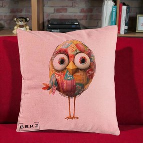 Perna Decorativa Pasare Patchwork cu Gene Lungi, 40x40 cm, Roz, Husa Detasabila, Perna Inclusa, BEKZ®