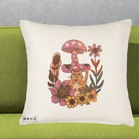 Perna Decorativa Ciuperca Pisica Boho, 40x40 cm, Crem Reliefat, Husa Detasabila, Perna Inclusa, BEKZ®