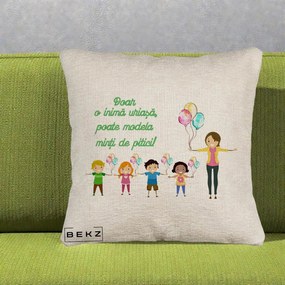 Cadou pentru Educatoare - Perna Personalizata Doar o Inima Uriasa poate Modela Minti de Pitici cu Educatoare si Baloane, 40x40 cm, Bej Canapea, Husa Detasabila, Perna Inclusa, BEKZ®
