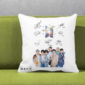 Perna Personalizata K-pop BTS Autografe Toti Membrii Fotografie, 40x40 cm, Alba Mata, Husa Detasabila, Perna Inclusa, BEKZ®