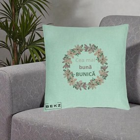 Cadou pentru Bunica - Perna Personalizata Cea Mai Buna Bunica Coronita Flori Roz, 40x40 cm, Verde Menta, Husa Detasabila, Perna Inclusa, BEKZ®