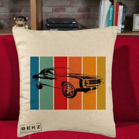Perna Personalizata Masina Retro Muscle Car Grafic, 40x40 cm, Bej, Husa Detasabila, Perna Inclusa, BEKZ®