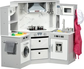 AIYAPLAY Bucătărie pentru copii din lemn cu 17 accesorii legume din plastic butoane și lumini șapcă 3-6 ani gri alb | Aosom Romania