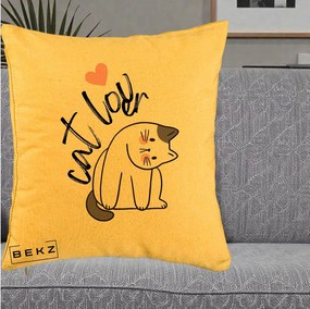 Perna Personalizata Cat Lover Pisica Ilustratie Linie, 40x40 cm, Galben, Husa Detasabila, Perna Inclusa, BEKZ®