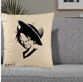 Perna Personalizata One Piece Luffy Silueta Alb-Negru, 40x40 cm, Bej, Husa Detasabila, Perna Inclusa, BEKZ®